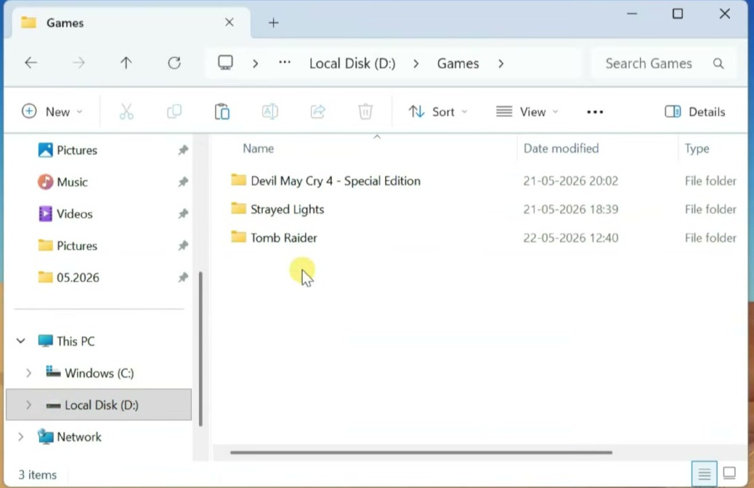 Windows File Explorer showing folders for installed PC games