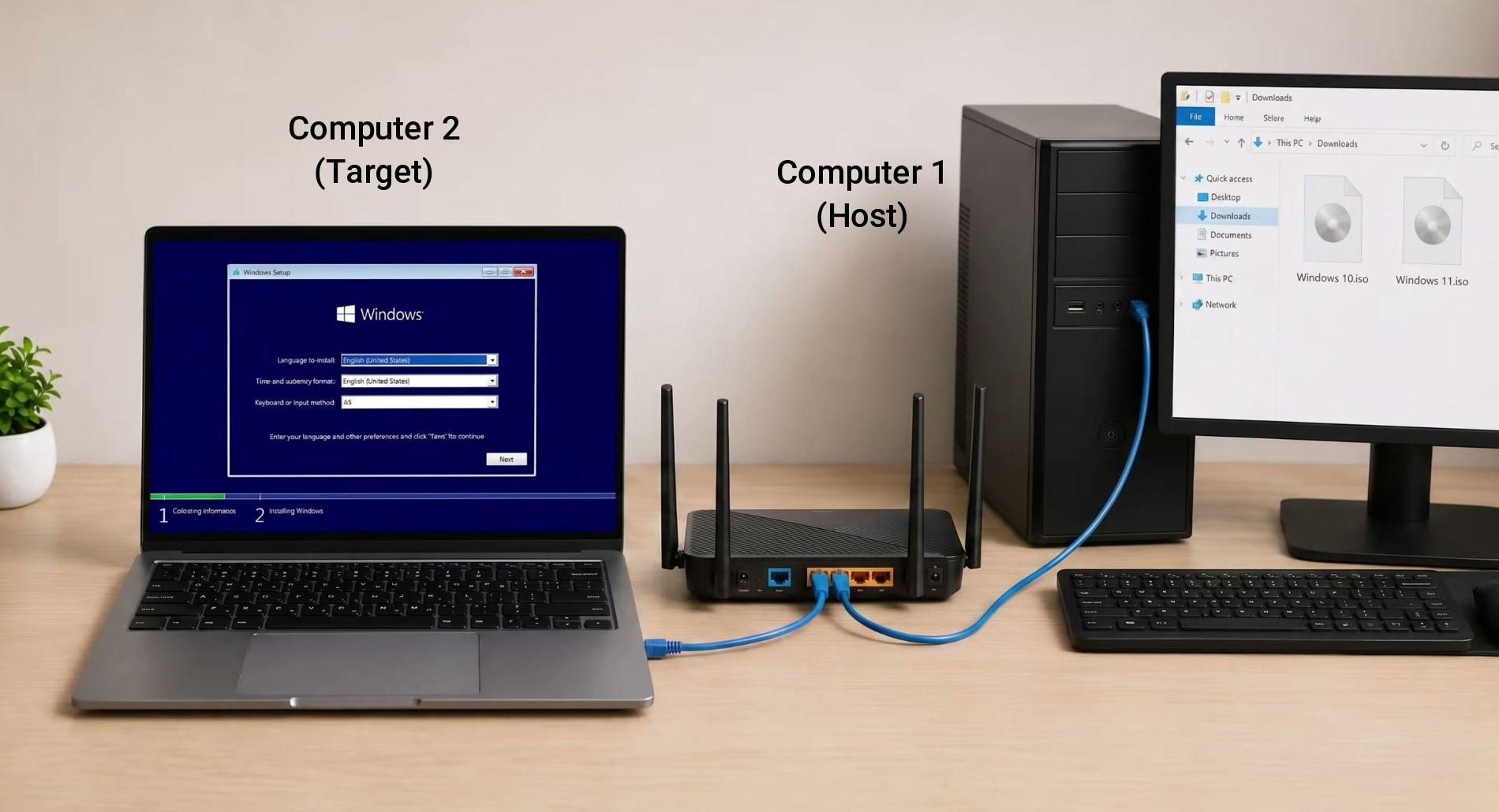 Host and target computers connected by Ethernet to the same router for a Windows network installation