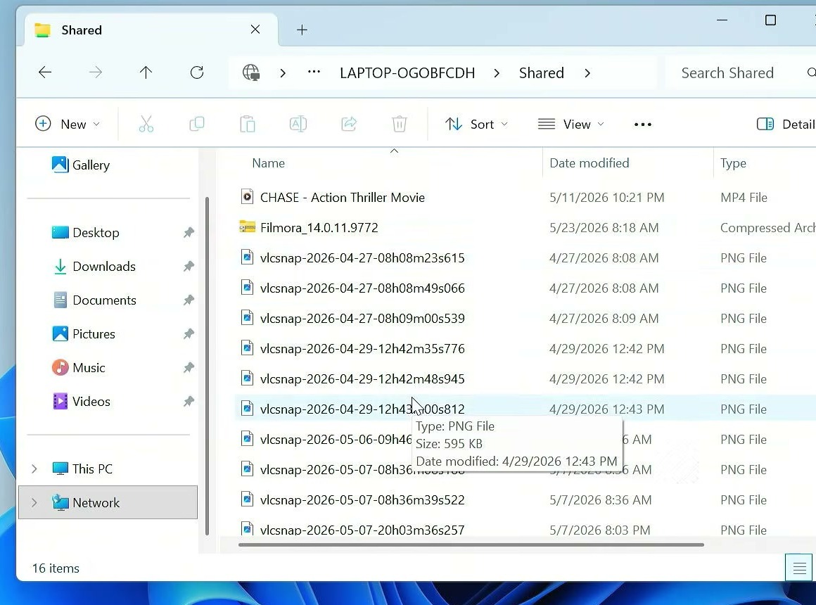 Windows File Explorer displaying files in a folder shared from another PC
