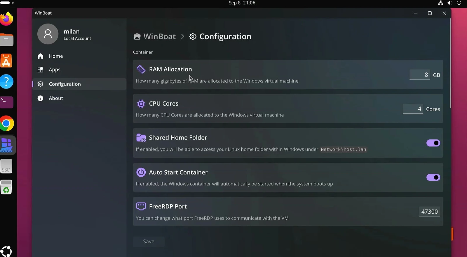 WinBoat Configuration page with RAM, CPU, shared home folder, auto-start, and FreeRDP port settings