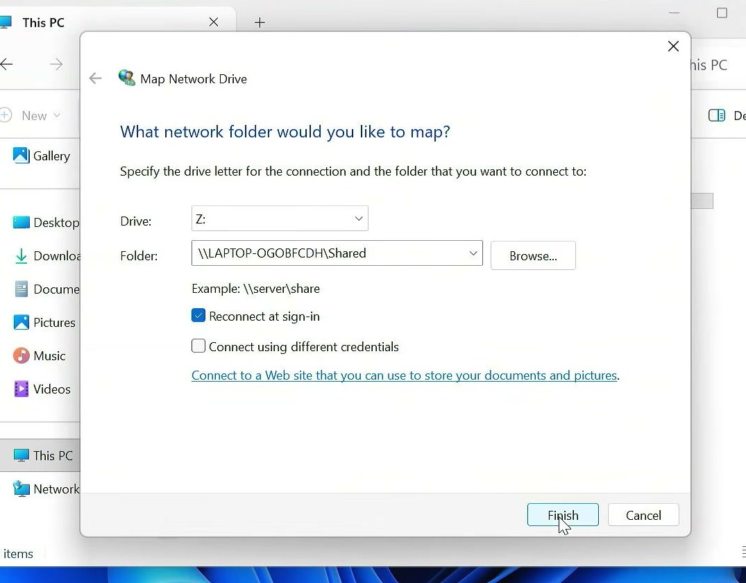 Windows Map Network Drive dialog with a drive letter and network folder path