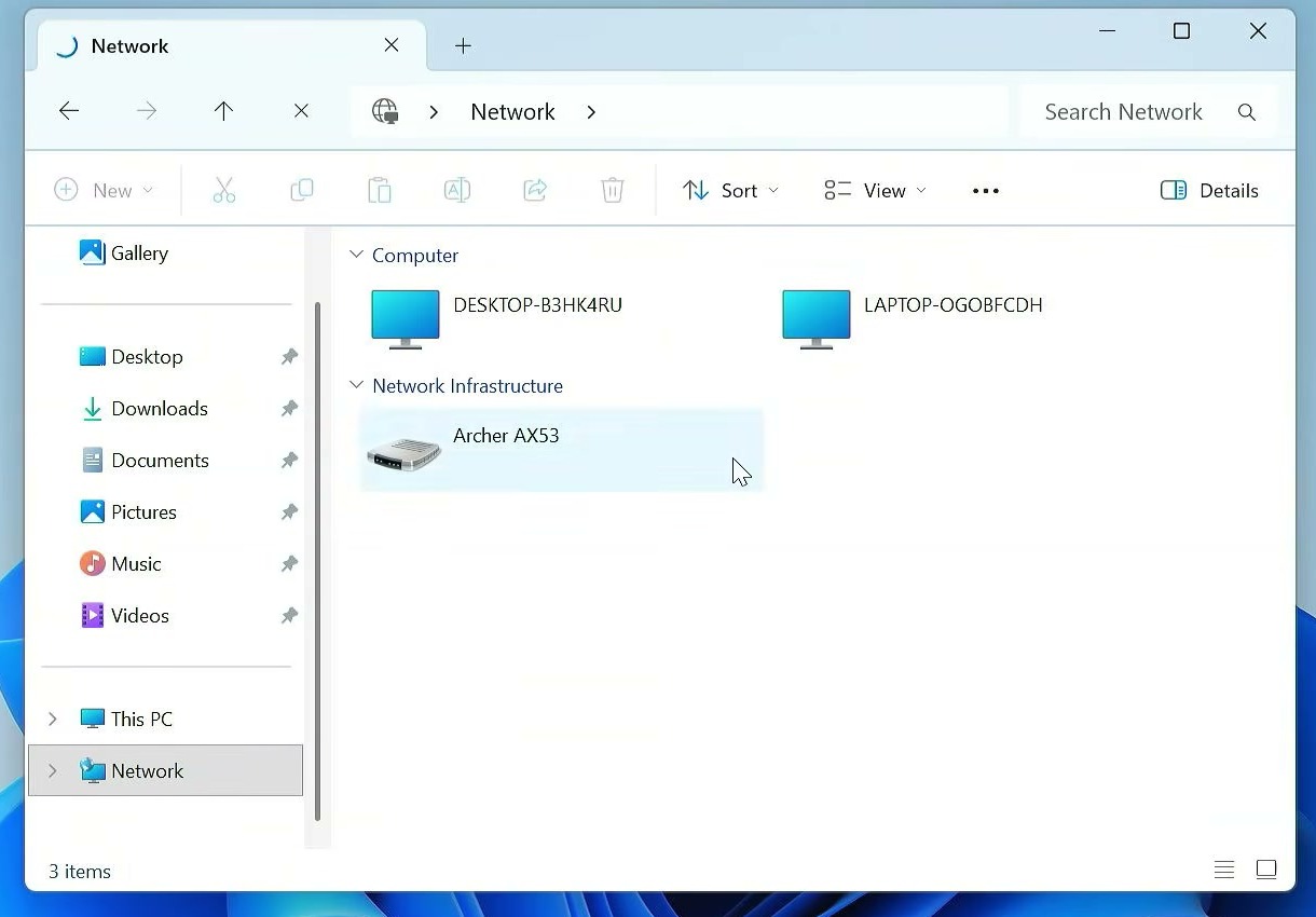 Windows File Explorer showing computers discovered on the local network