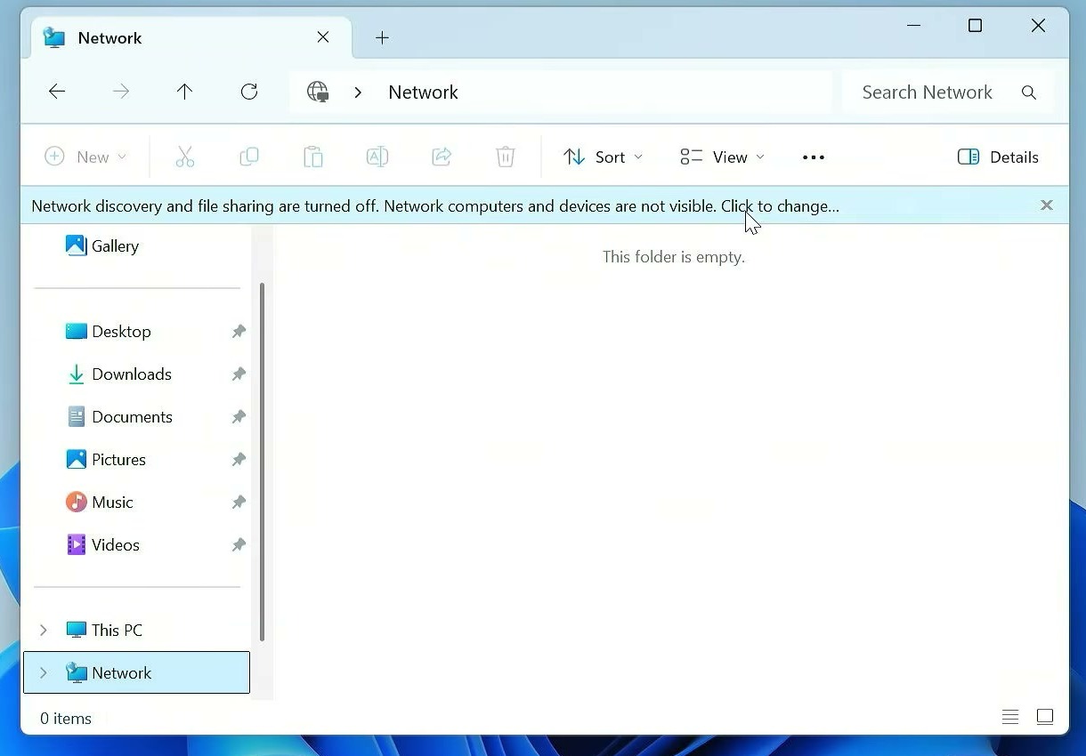 Windows File Explorer Network page showing that network discovery is turned off