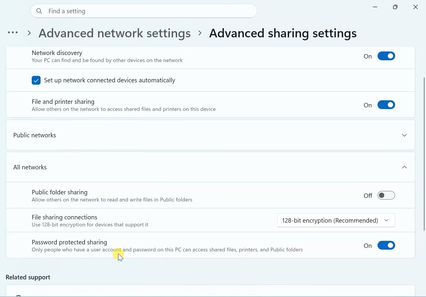 Windows settings with Network discovery, File and printer sharing, and Password protected sharing enabled