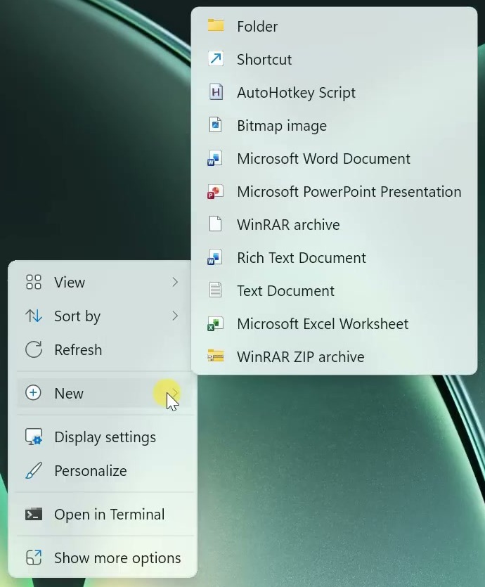 Windows desktop context menus with New and AutoHotkey Script visible
