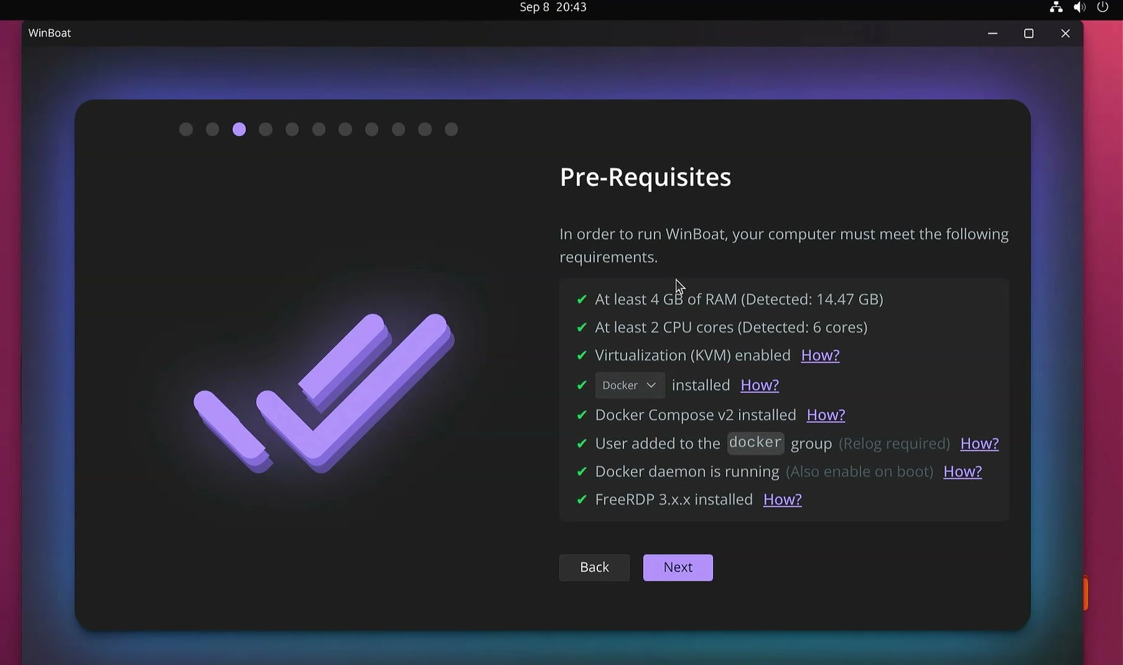 WinBoat setup prerequisite screen with green checks for KVM, Docker, and FreeRDP