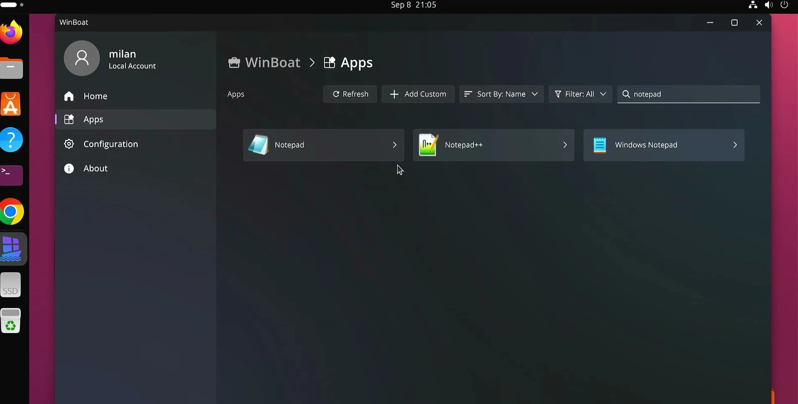 WinBoat Apps search results show Notepad, Notepad++, and Windows Notepad