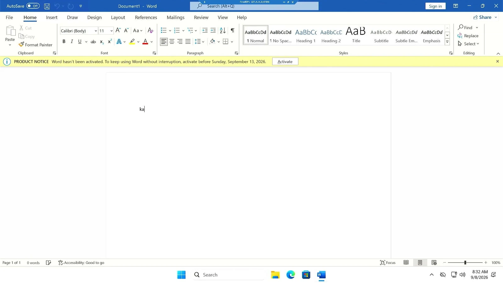 Microsoft Word open in the Windows environment provided by WinBoat