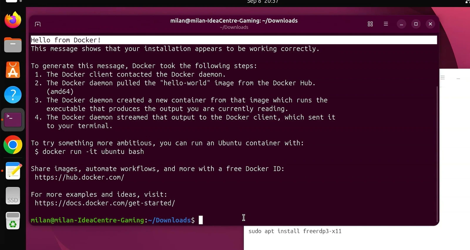 Ubuntu Terminal displays the Hello from Docker message confirming Docker is working