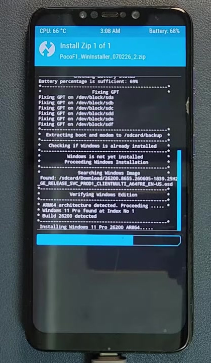 WinInstaller running in modified TWRP while installing Windows 11 on a POCO F1