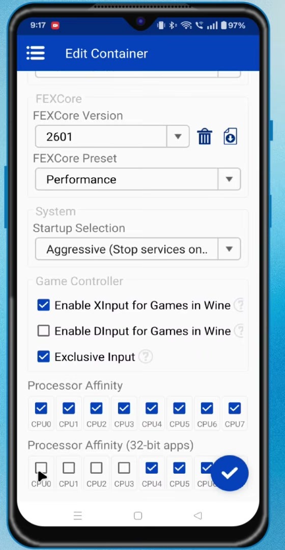 Winlator Ludashi advanced processor and input settings