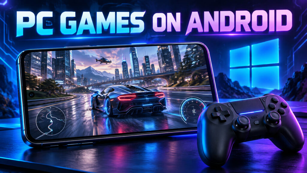 Android phone running a PC racing game with the text PC Games on Android