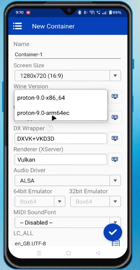 Winlator Ludashi container resolution and Wine version settings
