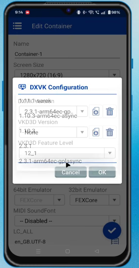 DXVK version selected in a Winlator Ludashi container
