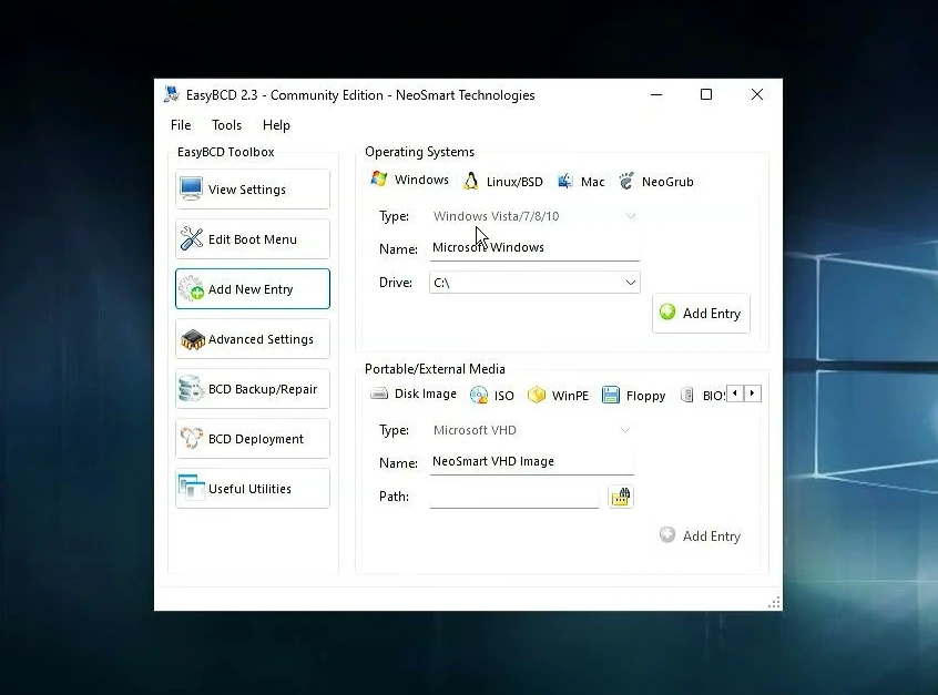 EasyBCD Add New Entry page with Windows selected and the C: drive ready to add.