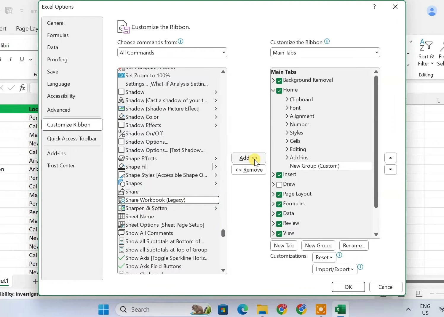Share Workbook (Legacy) selected in Excel's All Commands list