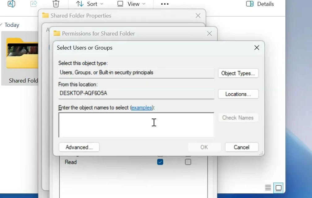 Select Users or Groups dialog used to add a dedicated Windows sharing account