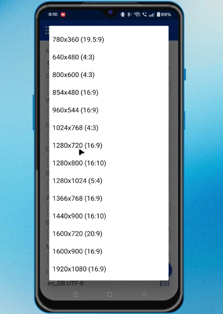 Winlator container Screen Size menu with 1280×720 and lower resolution options