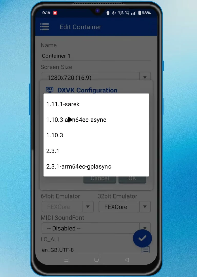 Winlator DXVK Configuration dialog listing DXVK versions including 2.3.1