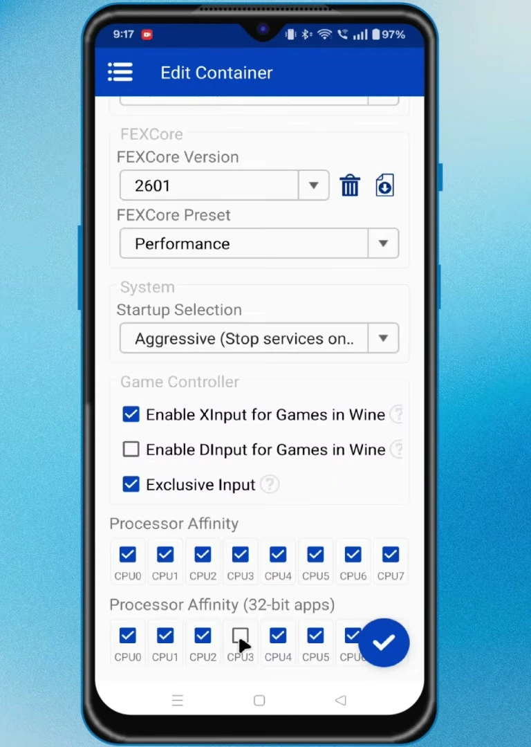 Winlator advanced container settings with Aggressive startup and CPU affinity controls