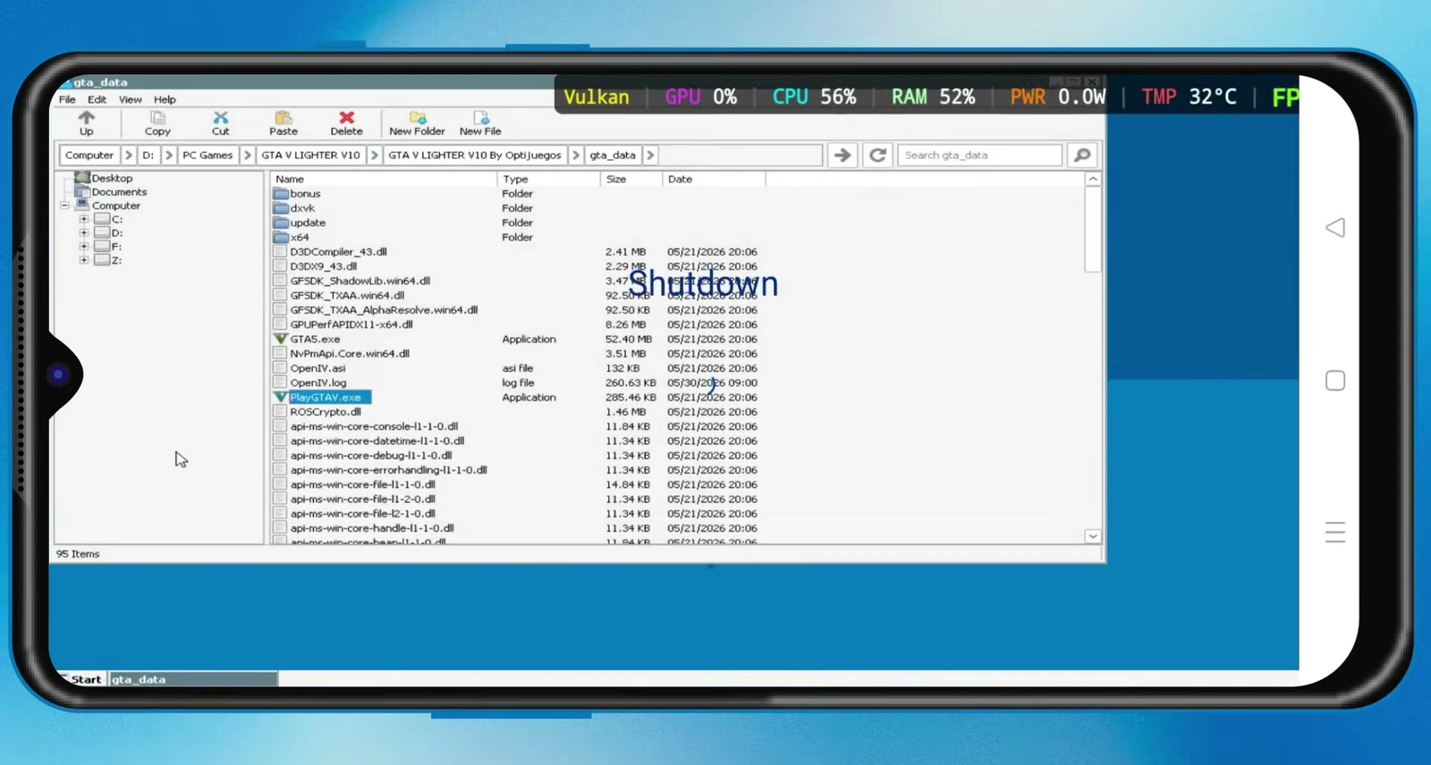 Winlator file manager with PlayGTAV.exe selected in the GTA V game folder