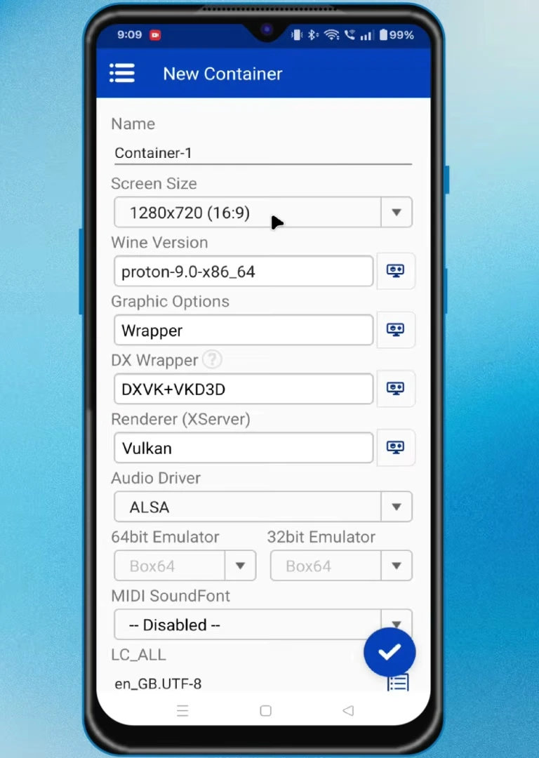 Winlator New Container form set to 1280×720 with a Proton 9.0 Wine version