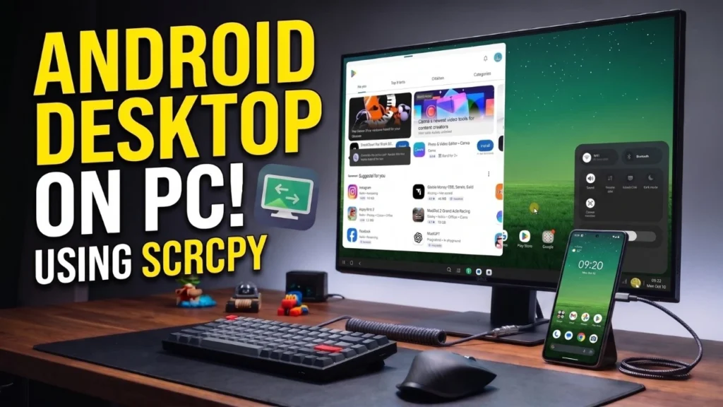 Create a separate Android desktop-style display on Windows with scrcpy, then use supported apps in resizable windows with your PC’s keyboard and mouse.