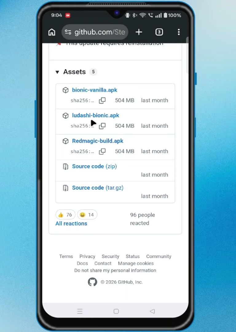 GitHub release Assets list with ludashi-bionic.apk, bionic-vanilla.apk, and Redmagic-build.apk