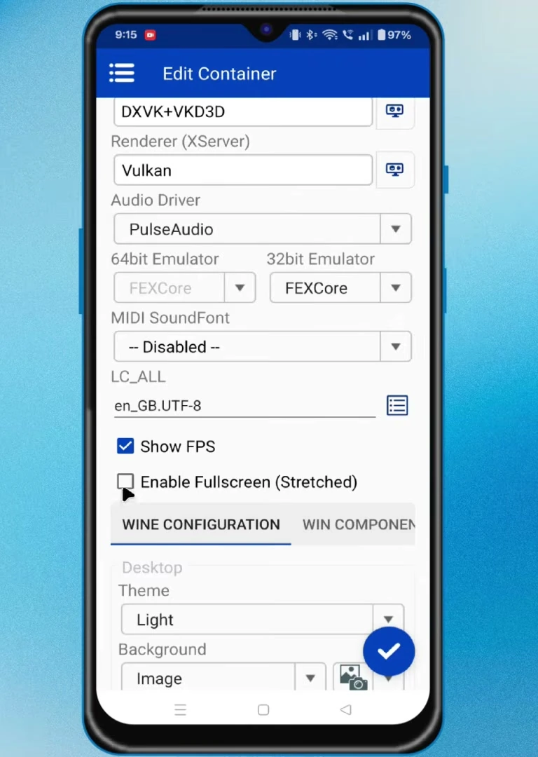 Winlator container settings with the Enable Fullscreen (Stretched) option visible