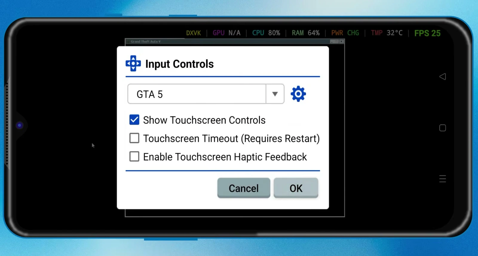 Winlator Input Controls dialog with the GTA 5 profile and touchscreen controls enabled