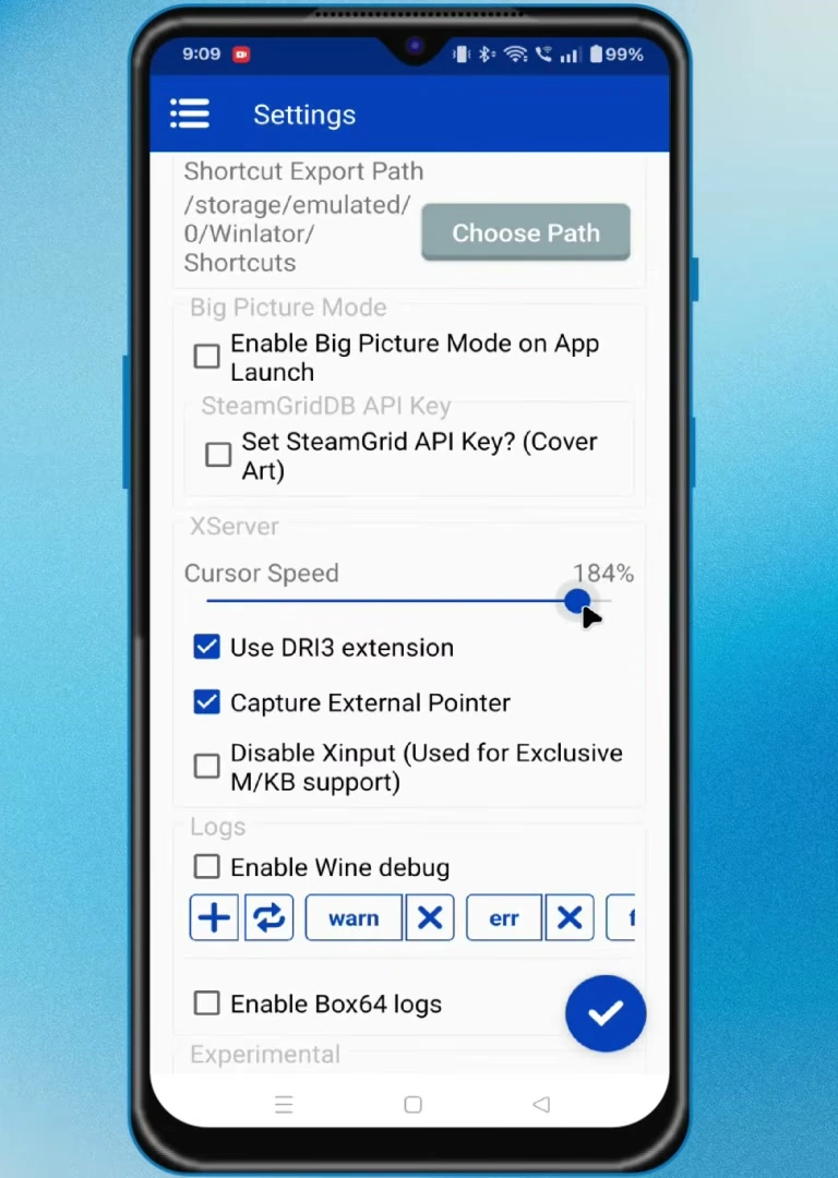 Winlator XServer settings with the Cursor Speed slider near 200 percent