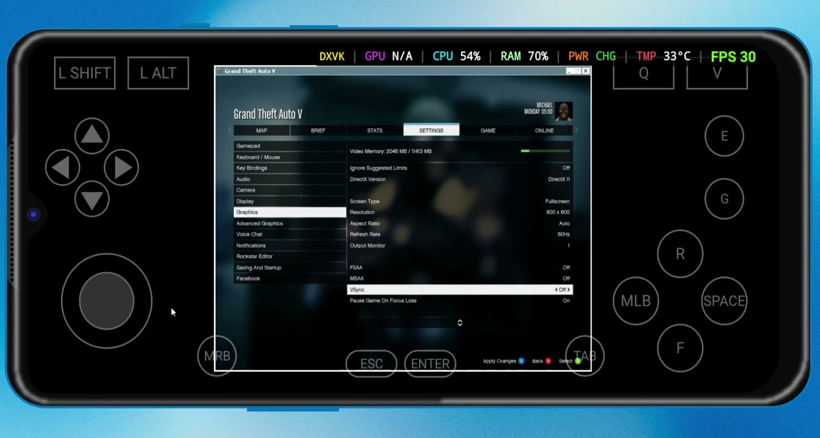 GTA V Graphics settings in Winlator with Fullscreen, resolution, and VSync options
