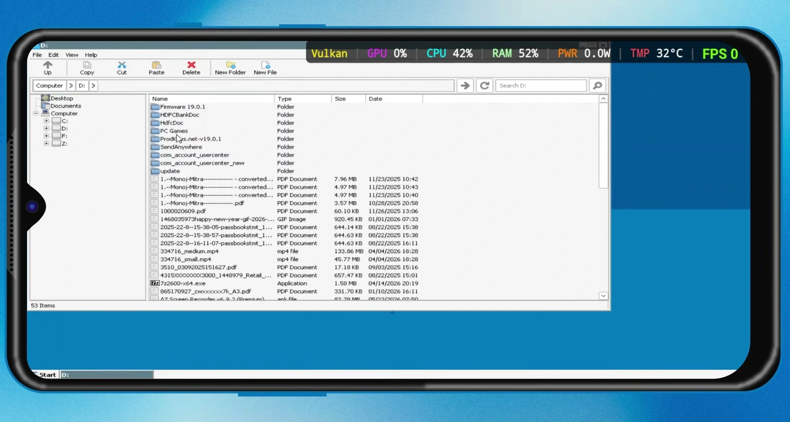 Winlator Windows-style file manager open on the D drive with a PC Games folder