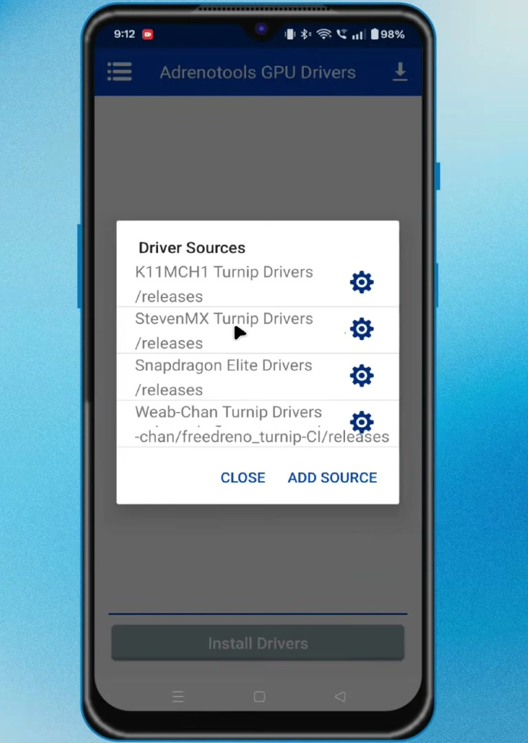 Adrenotools Driver Sources dialog with StevenMX Turnip Drivers listed