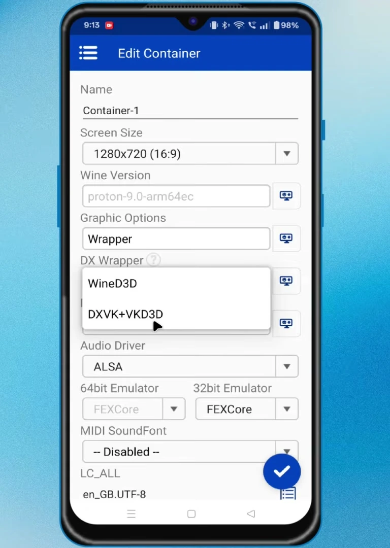 Winlator Edit Container screen with DXVK+VKD3D shown in the DX Wrapper menu