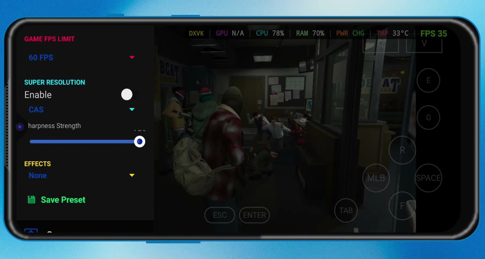 Winlator Graphic Engine panel with the Game FPS Limit set to 60 FPS