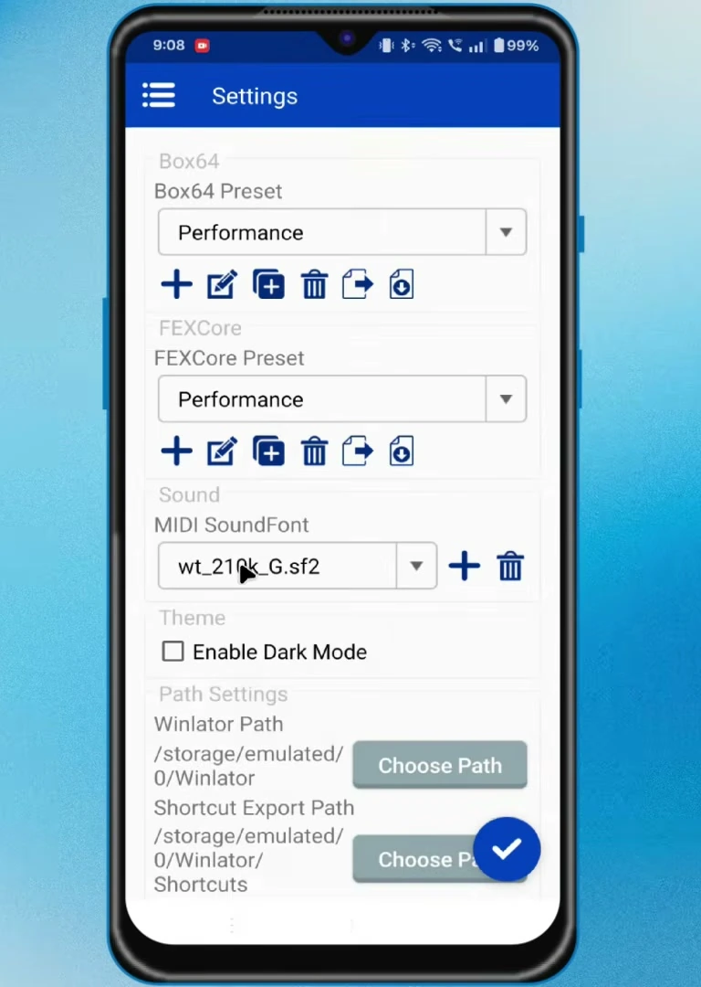 Winlator Settings with Box64 Preset and FEXCore Preset set to Performance