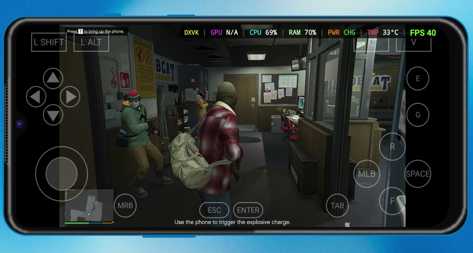 GTA V running in Winlator on Android with touch controls and a DXVK performance HUD