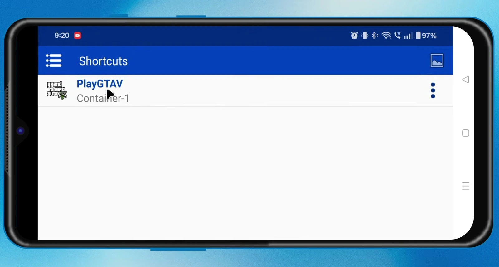 Winlator Shortcuts screen with a PlayGTAV shortcut in Container-1