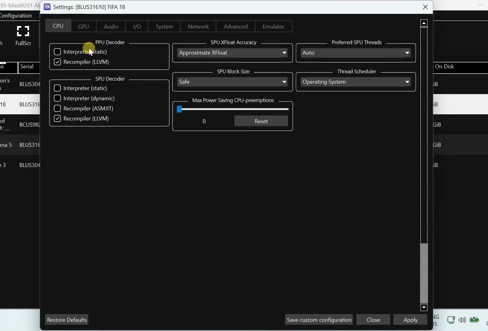 RPCS3 per-game CPU settings window with custom configuration controls.