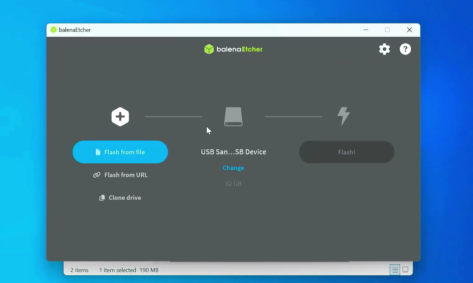 BalenaEtcher Flash from file button and selected USB device