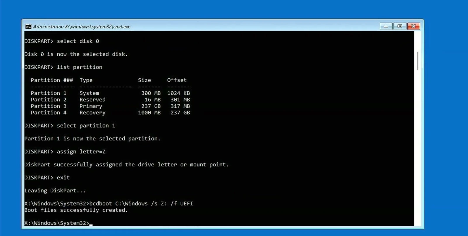BCDBoot UEFI repair command returns Boot files successfully created