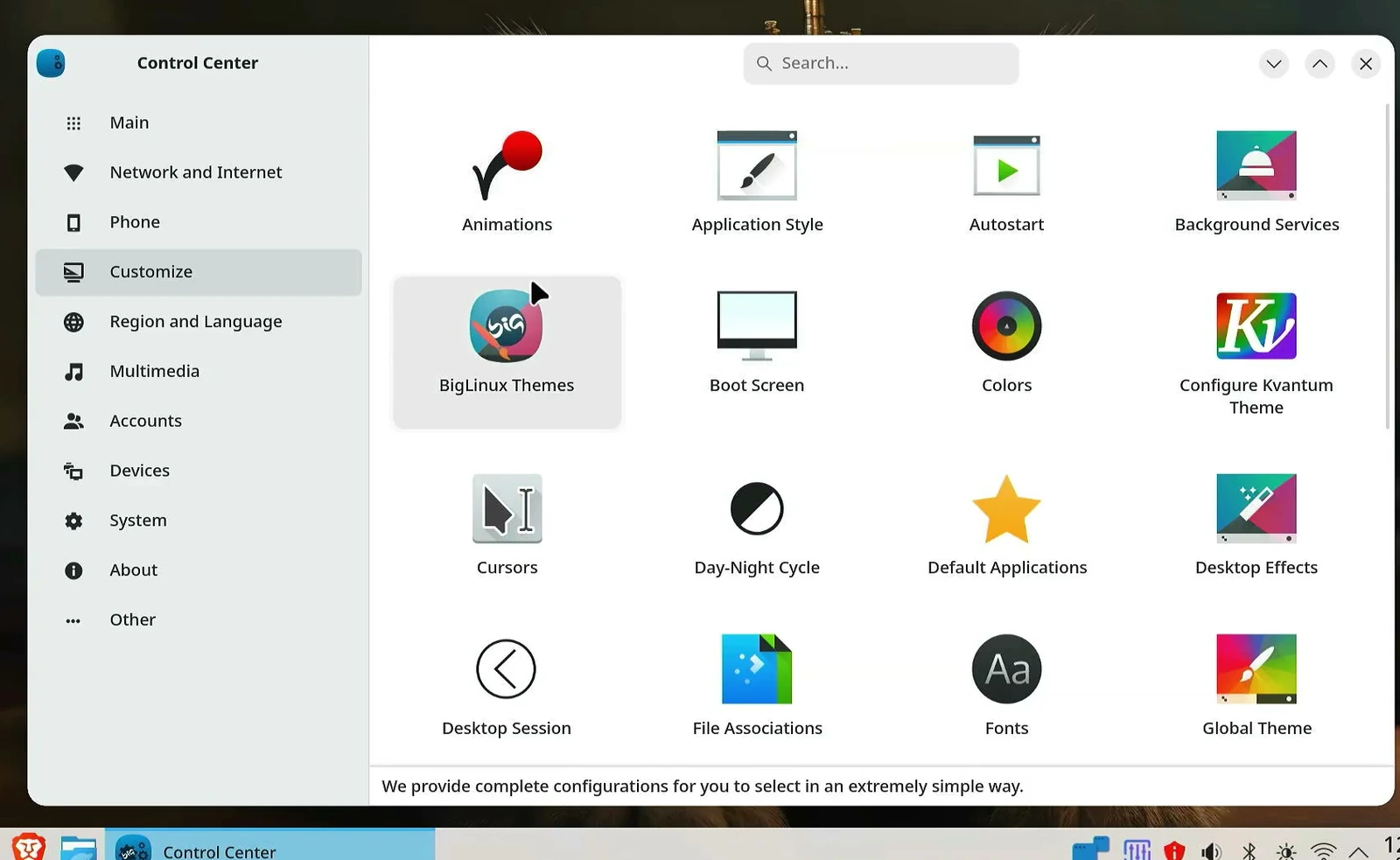 BigLinux Control Center with settings for themes, desktop, and appearance