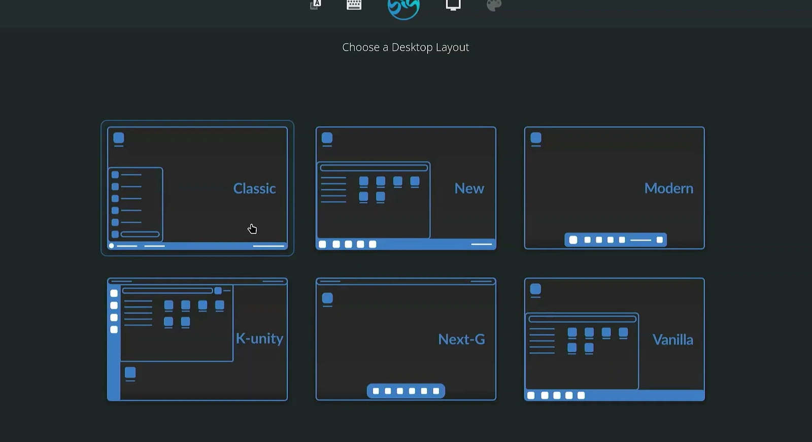 BigLinux live setup screen with Classic, Modern, and other desktop layouts