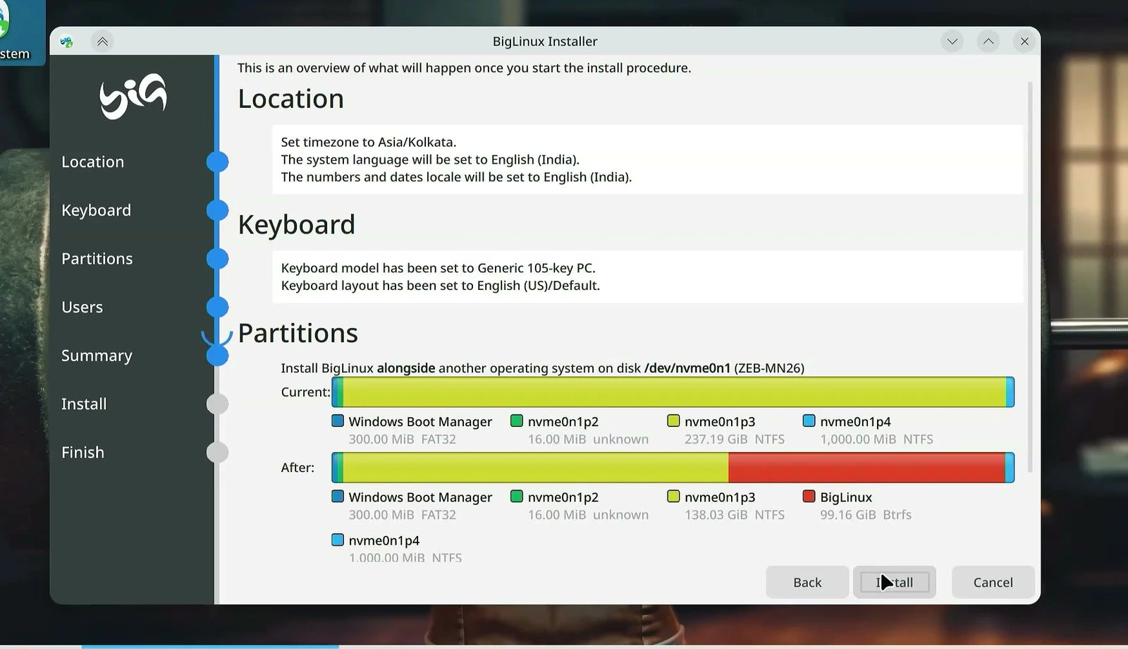 BigLinux installer summary of Windows and Linux partitions before installation