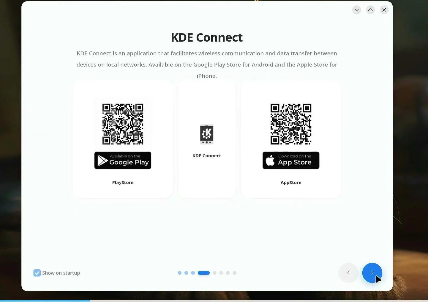 BigLinux welcome wizard introducing KDE Connect with phone pairing options