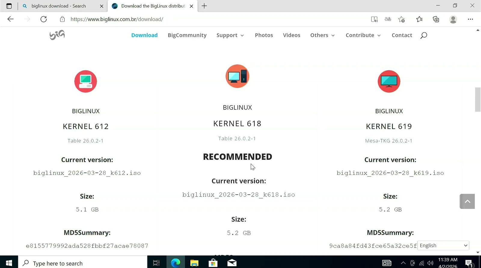 BigLinux download page showing older, recommended, and newer kernel ISO options