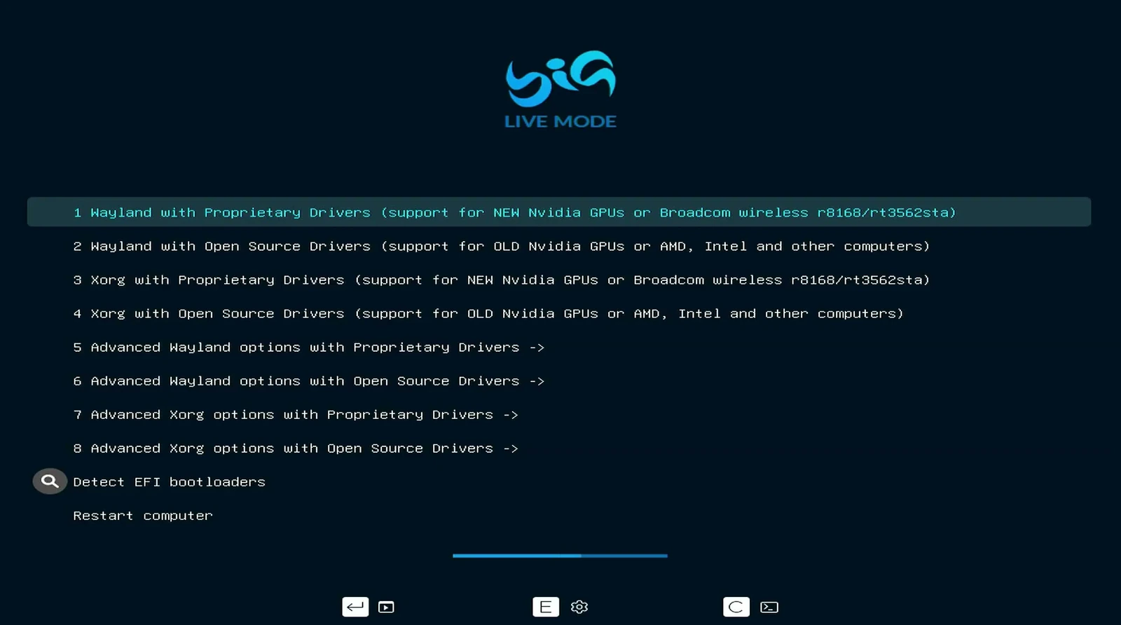BigLinux startup menu showing Wayland and Xorg graphics driver options