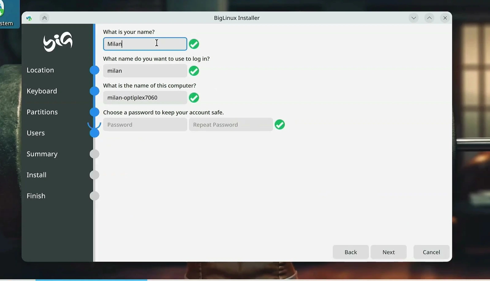 BigLinux installer asking for name, username, and account password