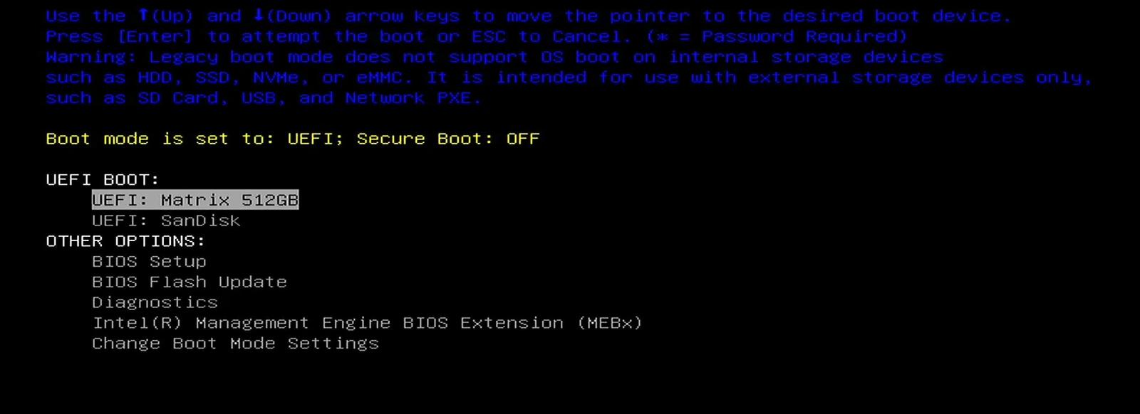 Dell UEFI boot menu listing the UEFI SanDisk USB drive beneath the internal SSD.